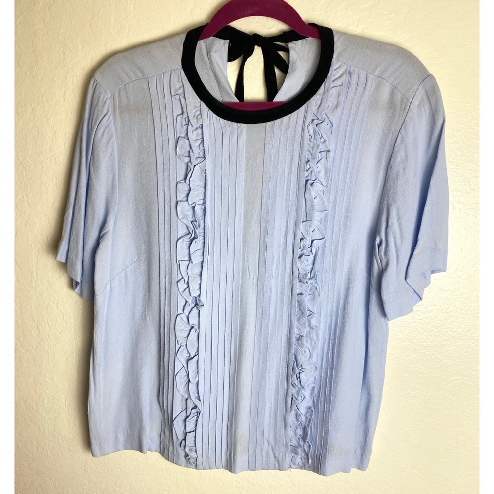 Light Blue Pleated Ruffle Shirt With Black Trim And Bow